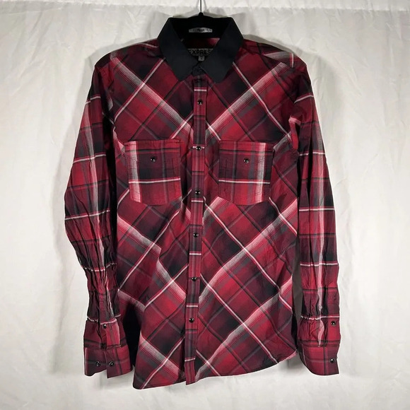 Express Shirt Men's Medium Red Plaid Pearl Snap Long Sleeve Fitted - Picture 1 of 13